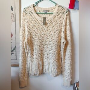 NWT J. Crew Pointelle Crewneck Fringe Detail Open Knit Warm Beige Sweater Large